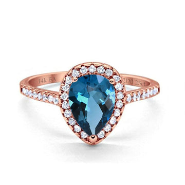 14K Rose Gold 1.48ct Teardrop Pear 8mmx6mm G SI London Blue Topaz Diamond Engagement Wedding Ring Size 6.5